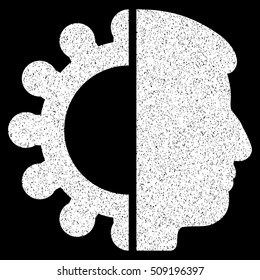 Android Head grainy textured icon for overlay watermark stamps. Flat symbol with unclean texture. Dotted vector white ink rubber seal stamp with grunge design on a black background.