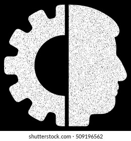 Android Head grainy textured icon for overlay watermark stamps. Flat symbol with scratched texture. Dotted vector white ink rubber seal stamp with grunge design on a black background.