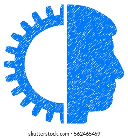 Android Head grainy textured icon for overlay watermark stamps. Flat symbol with scratched texture. Dotted vector blue ink rubber seal stamp with grunge design on a white background.