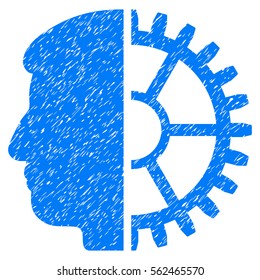 Android Head grainy textured icon for overlay watermark stamps. Flat symbol with dust texture. Dotted vector blue ink rubber seal stamp with grunge design on a white background.