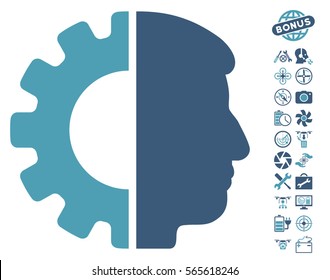 Android Head icon with bonus aircopter service icon set. Vector illustration style is flat iconic cyan and blue symbols on white background.