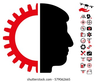 Android Head icon with bonus aircopter tools graphic icons. Vector illustration style is flat iconic intensive red and black symbols on white background.