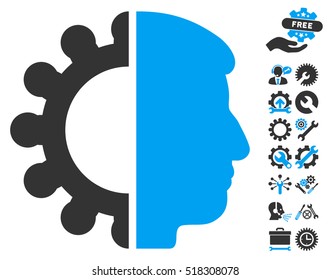 Android Head icon with bonus configuration graphic icons. Vector illustration style is flat iconic blue and gray symbols on white background.