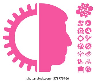 Android Head icon with bonus configuration symbols. Vector illustration style is flat iconic pink symbols on white background.