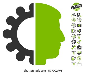 Android Head icon with bonus drone service images. Vector illustration style is flat iconic eco green and gray symbols on white background.