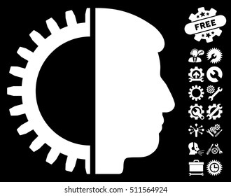 Android Head icon with bonus options clip art. Vector illustration style is flat iconic white symbols on black background.