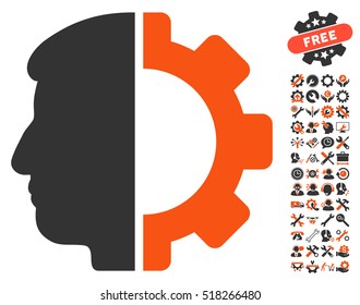 Android Head icon with bonus service icon set. Vector illustration style is flat iconic orange and gray symbols on white background.
