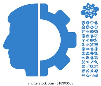 Android Head icon with bonus service icon set. Vector illustration style is flat iconic cobalt symbols on white background.