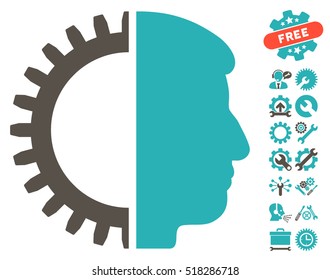 Android Head icon with bonus setup tools pictograms. Vector illustration style is flat iconic grey and cyan symbols on white background.
