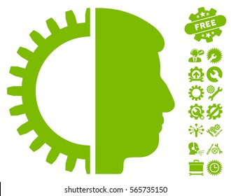 Android Head icon with bonus setup tools symbols. Vector illustration style is flat iconic eco green symbols on white background.