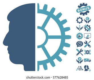 Android Head icon with bonus tools design elements. Vector illustration style is flat iconic cyan and blue symbols on white background.