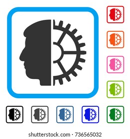 Android Head icon. Flat gray iconic symbol inside a light blue rounded rectangle. Black, gray, green, blue, red, orange color additional versions of Android Head vector.