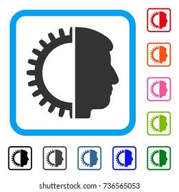 Android Head icon. Flat gray iconic symbol inside a light blue rounded square. Black, gray, green, blue, red, orange color additional versions of Android Head vector.