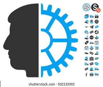 Android Head icon with free bonus symbols. Vector illustration style is flat iconic symbols, blue and gray colors, white background.