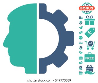 Android Head icon with free bonus design elements. Vector illustration style is flat iconic symbols, cobalt and cyan colors, white background.
