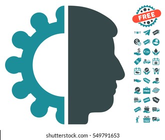 Android Head icon with free bonus icon set. Vector illustration style is flat iconic symbols, soft blue colors, white background.