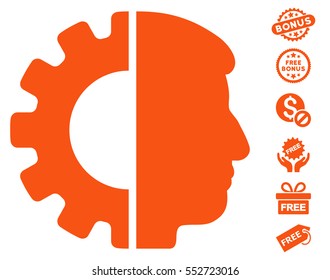 Android Head icon with free bonus pictograph collection. Vector illustration style is flat iconic symbols, orange color, white background.