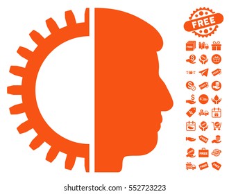 Android Head icon with free bonus icon set. Vector illustration style is flat iconic symbols, orange color, white background.