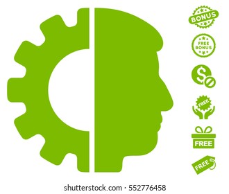 Android Head icon with free bonus design elements. Vector illustration style is flat iconic symbols, eco green color, white background.