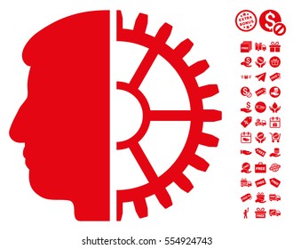 Android Head icon with free bonus pictograph collection. Vector illustration style is flat iconic symbols, red color, white background.
