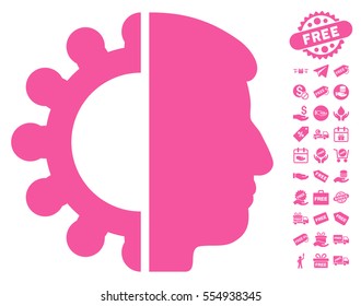 Android Head icon with free bonus pictograph collection. Vector illustration style is flat iconic symbols, pink color, white background.