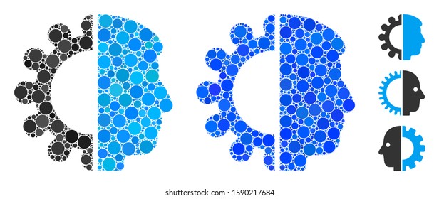 Android head mosaic of small circles in variable sizes and color tints, based on android head icon. Vector small circles are organized into blue mosaic.
