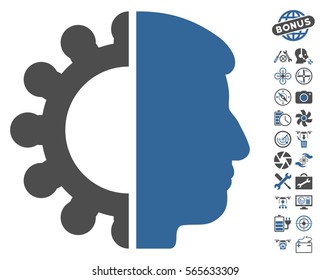 Android Head pictograph with bonus aircopter tools pictograph collection. Vector illustration style is flat iconic cobalt and gray symbols on white background.