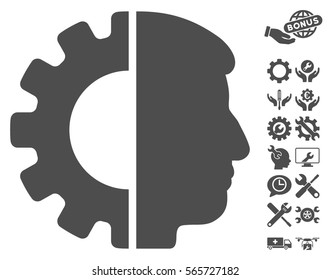 Android Head pictograph with bonus configuration pictures. Vector illustration style is flat iconic gray symbols on white background.