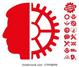 Android Head pictograph with bonus configuration symbols. Vector illustration style is flat iconic red symbols on white background.