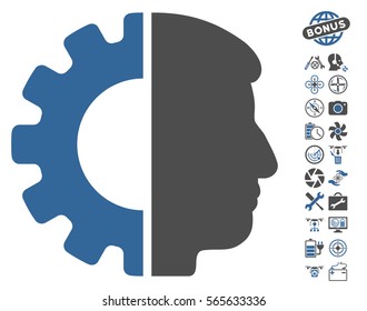 Android Head pictograph with bonus copter service icon set. Vector illustration style is flat iconic cobalt and gray symbols on white background.