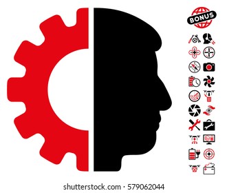 Android Head pictograph with bonus nanocopter service design elements. Vector illustration style is flat iconic intensive red and black symbols on white background.