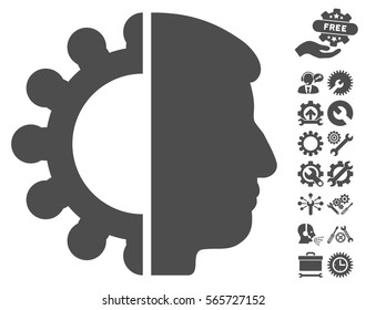 Android Head pictograph with bonus options pictograph collection. Vector illustration style is flat iconic gray symbols on white background.