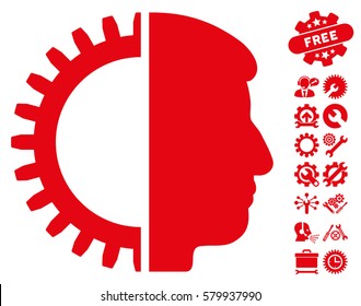 Android Head pictograph with bonus options design elements. Vector illustration style is flat iconic red symbols on white background.