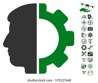 Android Head pictograph with bonus quadrocopter service icon set. Vector illustration style is flat iconic green and gray symbols on white background.