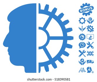 Android Head pictograph with bonus service graphic icons. Vector illustration style is flat iconic cobalt symbols on white background.