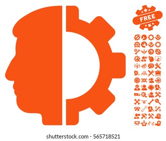 Android Head pictograph with bonus settings graphic icons. Vector illustration style is flat iconic orange symbols on white background.