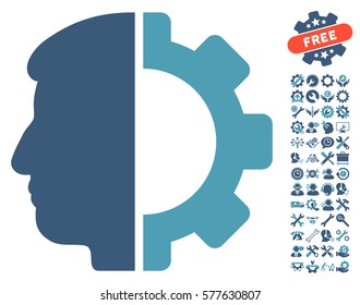 Android Head pictograph with bonus settings pictures. Vector illustration style is flat iconic cyan and blue symbols on white background.