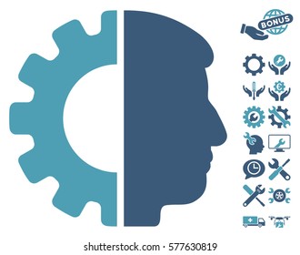 Android Head pictograph with bonus settings pictograph collection. Vector illustration style is flat iconic cyan and blue symbols on white background.