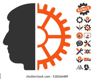 Android Head pictograph with bonus tools pictures. Vector illustration style is flat iconic orange and gray symbols on white background.