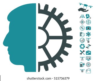 Android Head pictograph with bonus uav tools images. Vector illustration style is flat iconic symbols on white background.