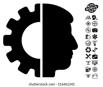 Android Head pictograph with bonus uav tools icon set. Vector illustration style is flat iconic symbols on white background.