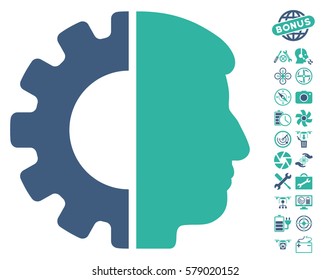 Android Head pictograph with bonus uav tools images. Vector illustration style is flat iconic cobalt and cyan symbols on white background.