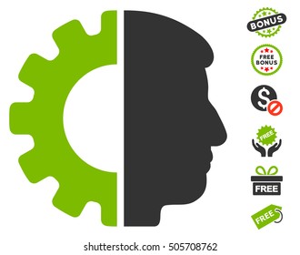 Android Head pictograph with free bonus icon set. Vector illustration style is flat iconic symbols, eco green and gray colors, white background.
