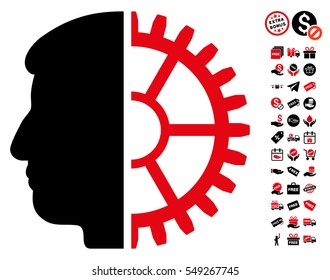 Android Head pictograph with free bonus symbols. Vector illustration style is flat iconic symbols, intensive red and black colors, white background.