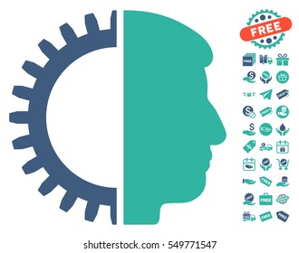 Android Head pictograph with free bonus pictures. Vector illustration style is flat iconic symbols, cobalt and cyan colors, white background.