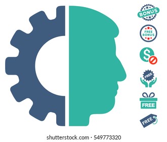 Android Head pictograph with free bonus symbols. Vector illustration style is flat iconic symbols, cobalt and cyan colors, white background.