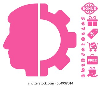 Android Head pictograph with free bonus pictograms. Vector illustration style is flat iconic symbols, pink color, white background.