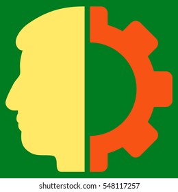 Android Head vector icon. Style is flat graphic bicolor symbol, orange and yellow colors, green background.