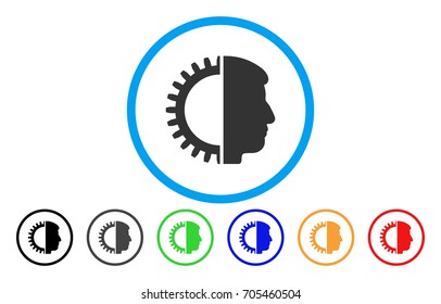 Android Head vector rounded icon. Image style is a flat gray icon symbol inside a blue circle. Bonus color variants are grey, black, blue, green, red, orange.