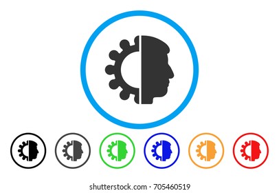 Android Head vector rounded icon. Image style is a flat gray icon symbol inside a blue circle. Bonus color versions are gray, black, blue, green, red, orange.